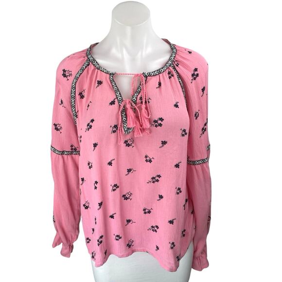 NEW H&M Pink Floral Tassel Tie Long Balloon Sleeve Boho Blouse Top Size 10 - Picture 1 of 4